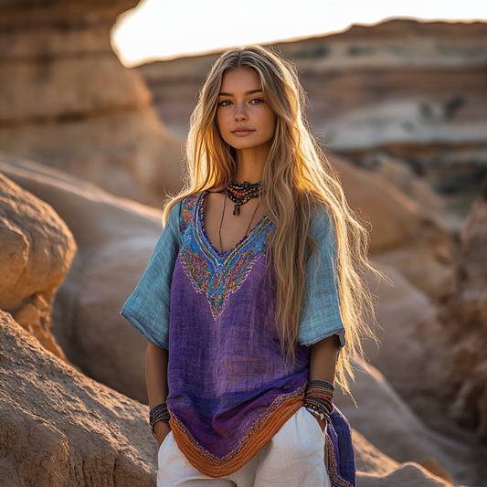 Vintage Bohemian Ethnic Floral Linen Art Print Short Sleeve V-neck Shirt elevenforest