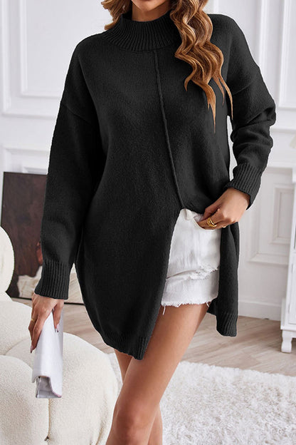 Helga® | Turtleneck sweater, front slit, mid-length sweater