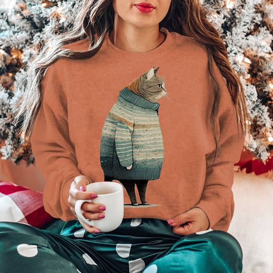Vintage Cat Print Round Neck Long Sleeve Sweatshirt elevenforest