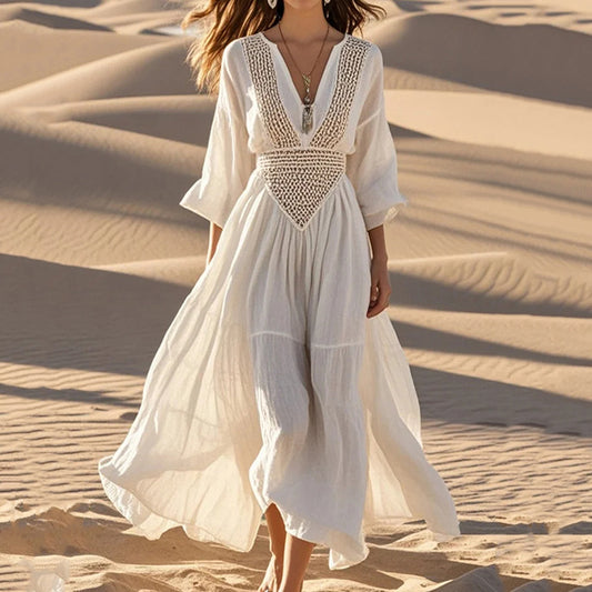 Women's Hollow Out Exra Large Hem Cotton Maxi Dress Spring elevenforest