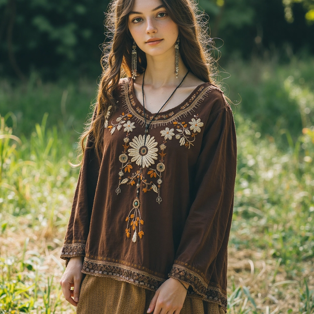 Retro Floral Embroidery Linen Blend Long Sleeve T-shirt elevenforest