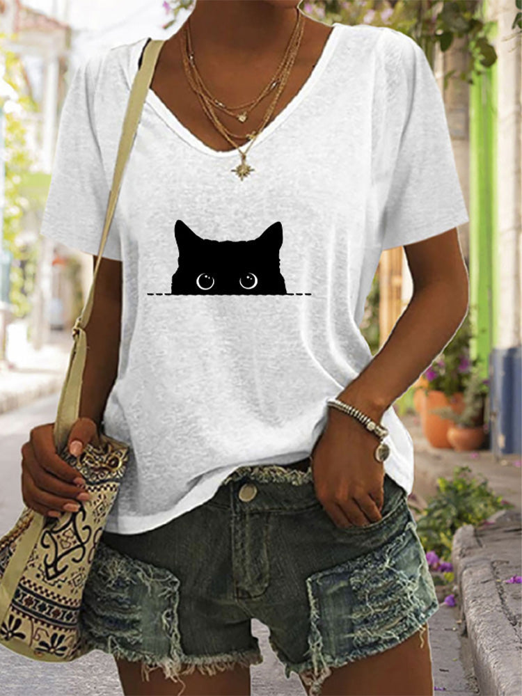 Women's Casual Black Cat Print T-shirt elevenforest