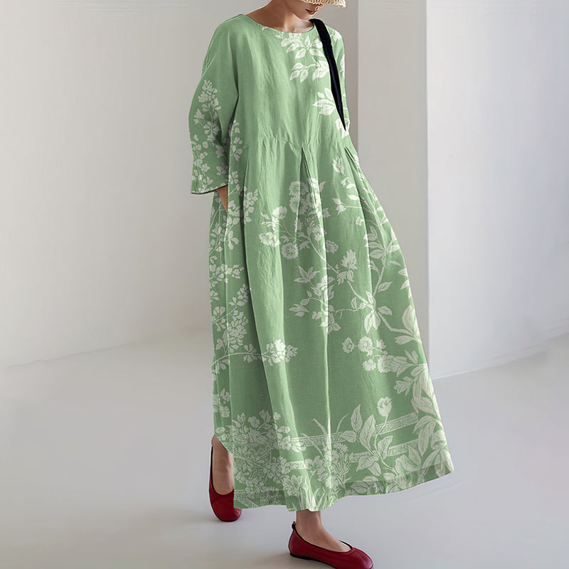 Comstylish Vintage Japanese Floral Art Pattern Flowy Linen Maxi Dress
