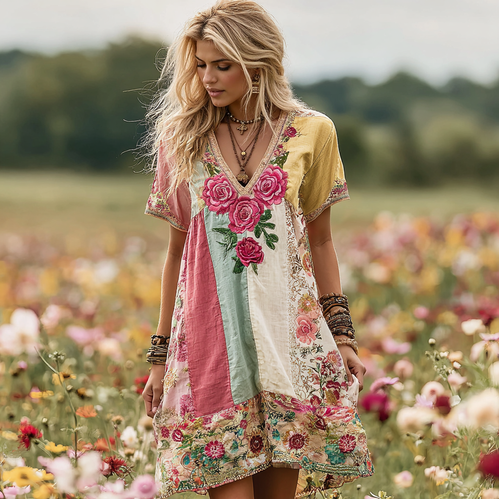 Women's Vintage Rose Floral Patch Linen Short Dress elevenforest