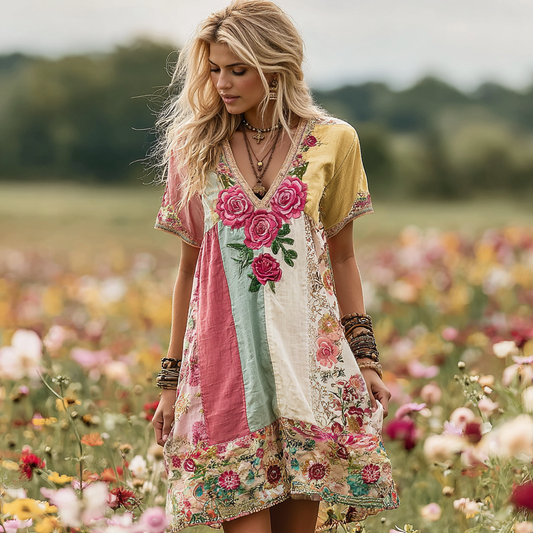 Women's Vintage Rose Floral Patch Linen Short Dress elevenforest