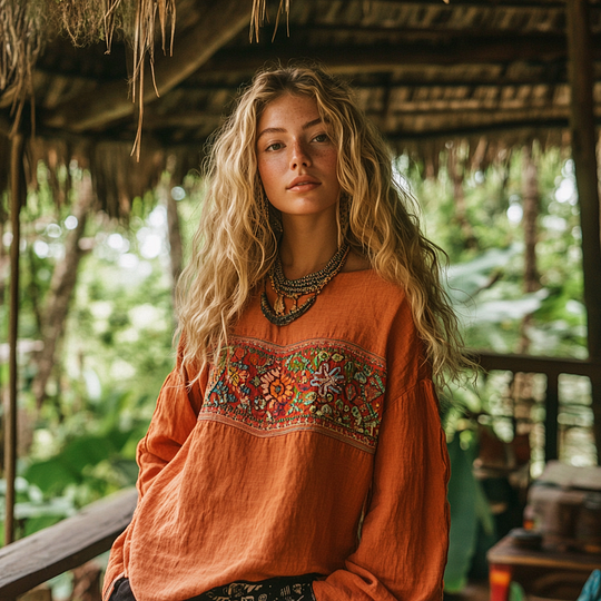 Retro Bohemian Art Embroidery Print Cotton And Linen Blend Loose Blouse artswardrobe