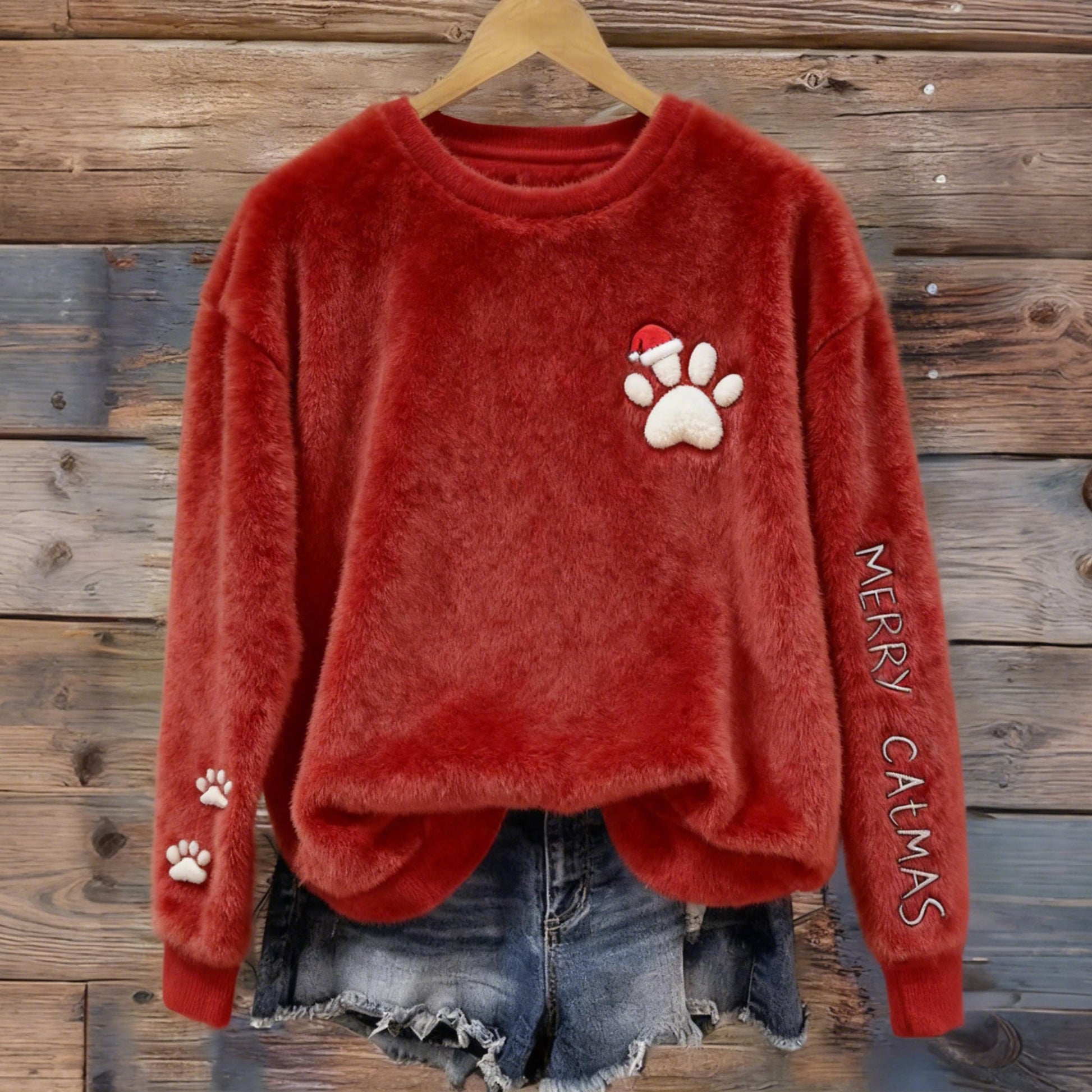 Comstylish Cute And Fun Cat Paw Pattern Warm Crew Neck Sweater