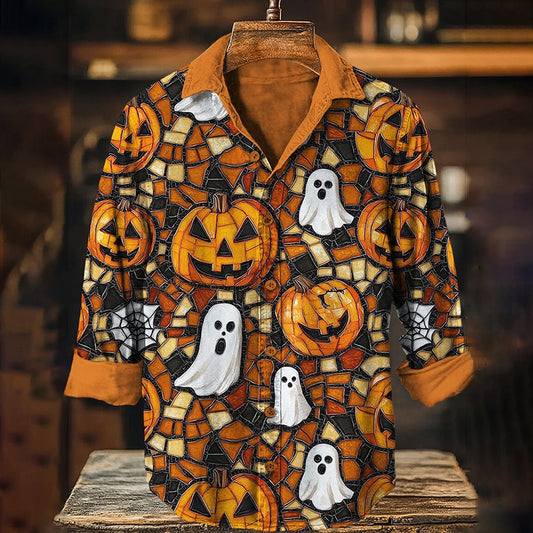 Men's Halloween Ghost Pumpkin Spider Web Vintage Long-sleeved Shirt With Rose Embroidery elevenforest