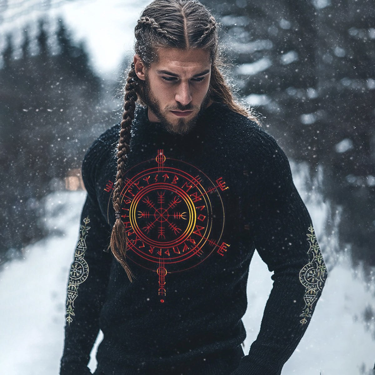Vintage Viking Rune Knit Jacquard Crew Neck Sweater artswardrobe