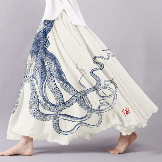 Comstylish Japanese Art Octopus Art Print Casual Linen Blend Flowy Skirt