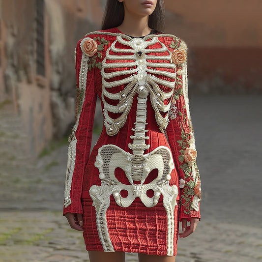Women's Vintage Halloween Skeleton Bones With Rose Art Cozy Knit Mini Sweater Dress elevenforest