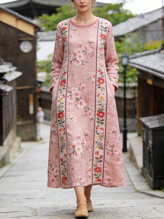 Comstylish Apanese Sakura Patchwork Pattern Women's Linen Long Sleeve Maxi Dress