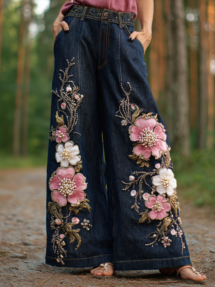 Bohemian Style Women's Plant Flower Embroidery Loose Fit Wide Leg Straight Leg Denim Long Pants elevenforest