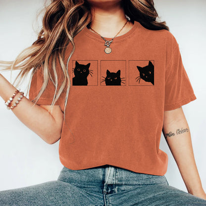 Women's Abstract Creative Cute Black Cat Art Print T-shirt elevenforest