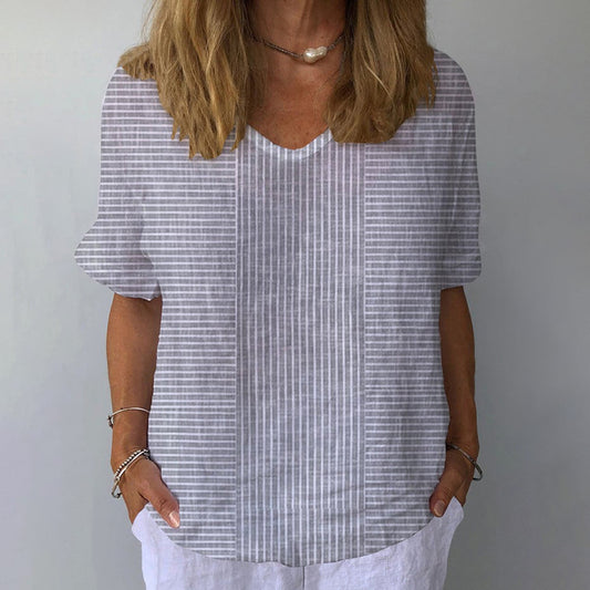 Women's Retro Striped Jacquard Casual V-Neck Cotton And Linen Top elevenforest