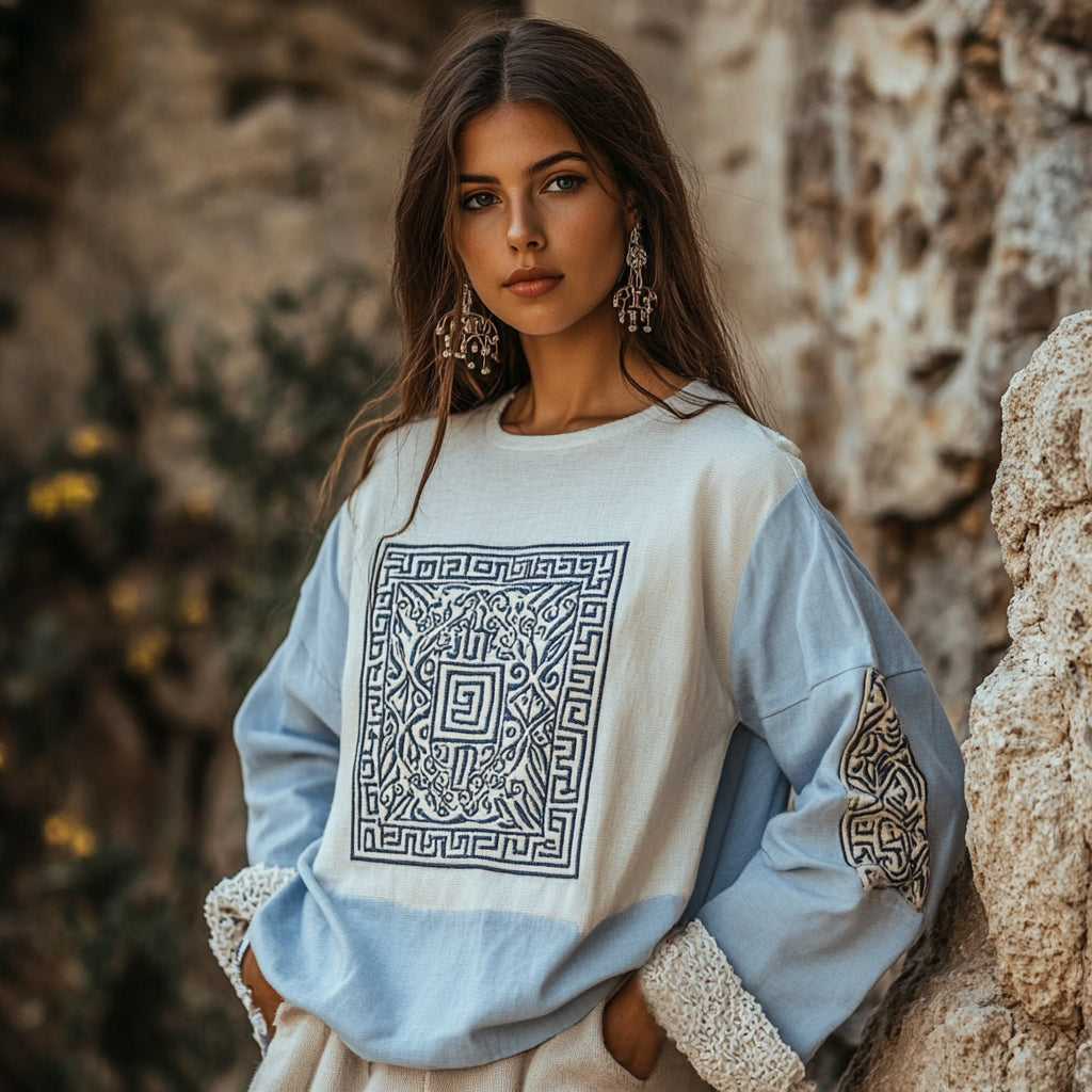 Vintage Greek Key Motif Patchwork Lace Cotton Linen Contrast Shirt elevenforest