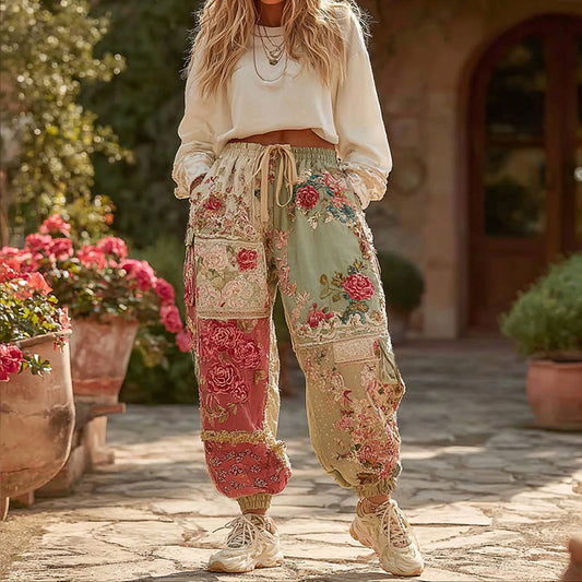 Women's Floral Patchwork Art Print Casual Sweatpants elevenforest