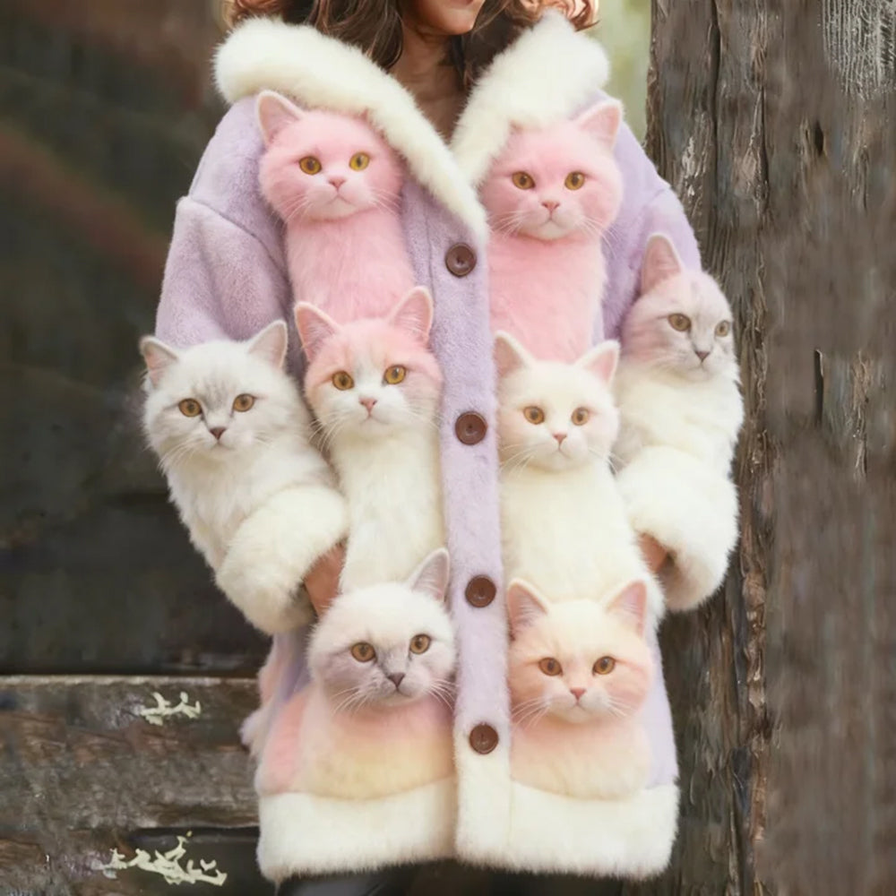 Probe Cat Fleece Hooded Cardigan Long Sweater elevenforest