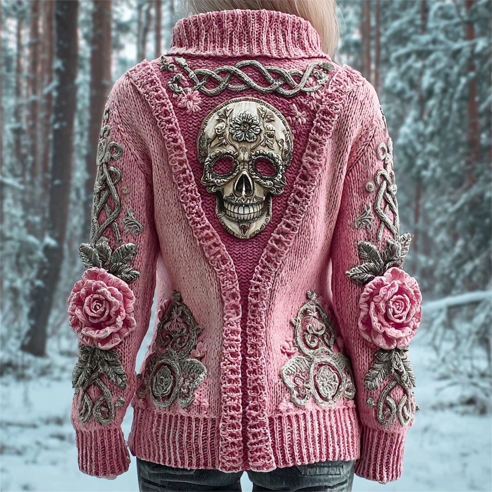 Metal Skull & 3d Floral Viking Art Women's Chunky Knit Stand Collar Zipper Sweater elevenforest