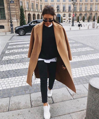Women Fashion Lapel Pocket Pure Color Coat