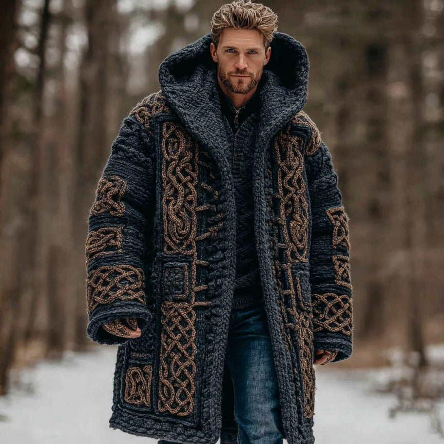 Men's Retro Celtic Knot Hooded Mid-length Cardigan Sweater artswardrobe