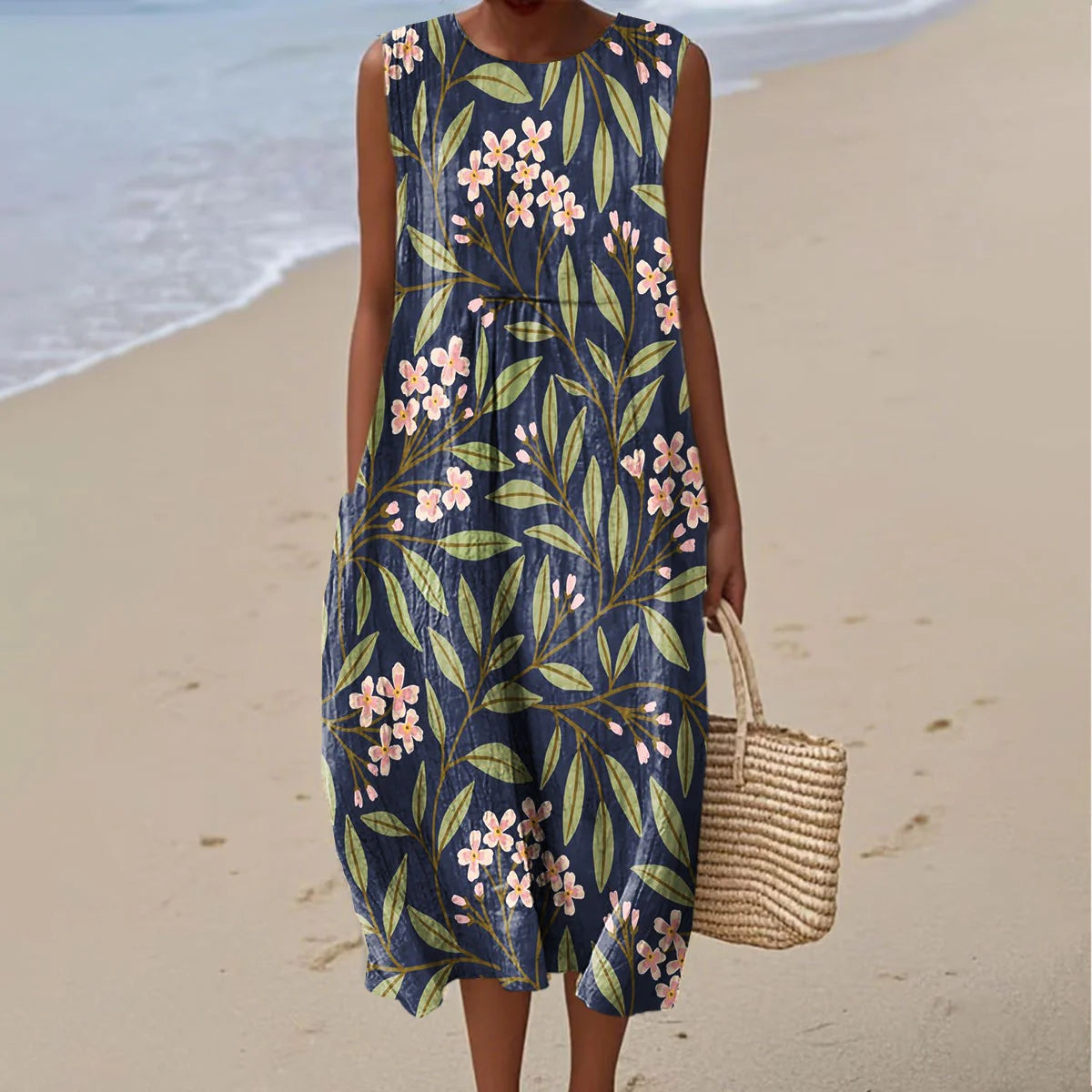 Women's Vintage Floral Art Print Sleeveless Dress elevenforest