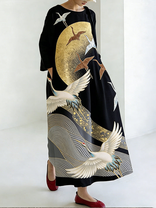 Comstylish Japanese Crane To The Moon Loose Round Neck Dress
