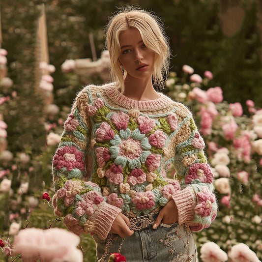 Classic Chunky Knit Crochet Floral Sweater elevenforest