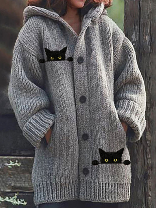 Women's Casual Funny Black Cat Print Hood Sweater elevenforest