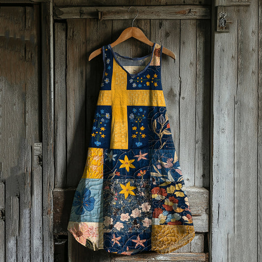 Vintage Loose Swedish Flag With Floral Patchwork Pattern Art Print Linen Tank Dress elevenforest