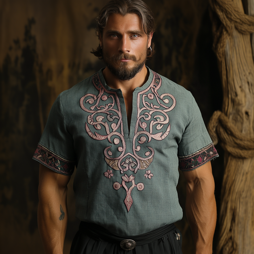 Men's Vintage Viking Embroidery Print Shirt elevenforest
