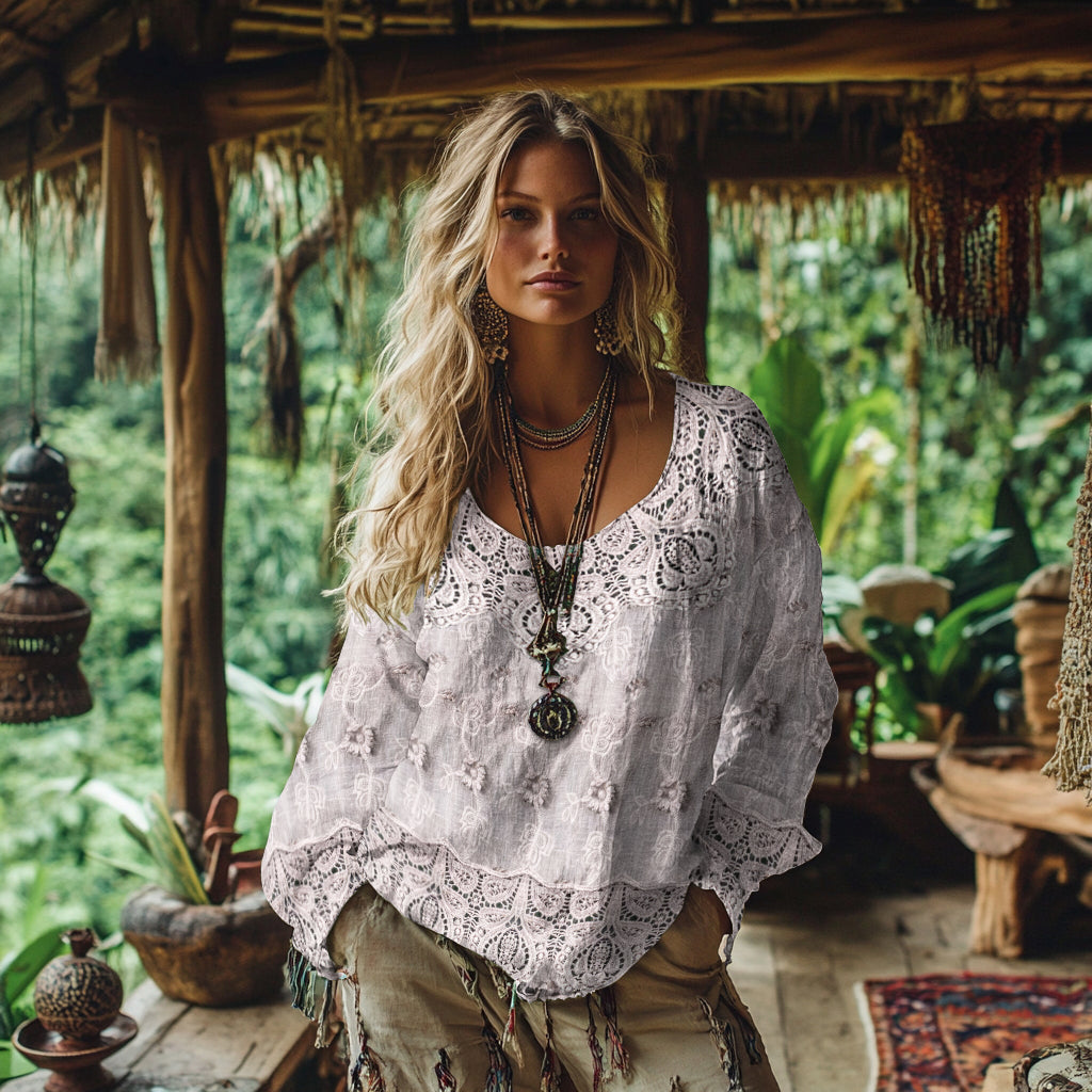 Retro Bohemian Floral Lace Art Cotton And Linen Blend Loose Blouse elevenforest