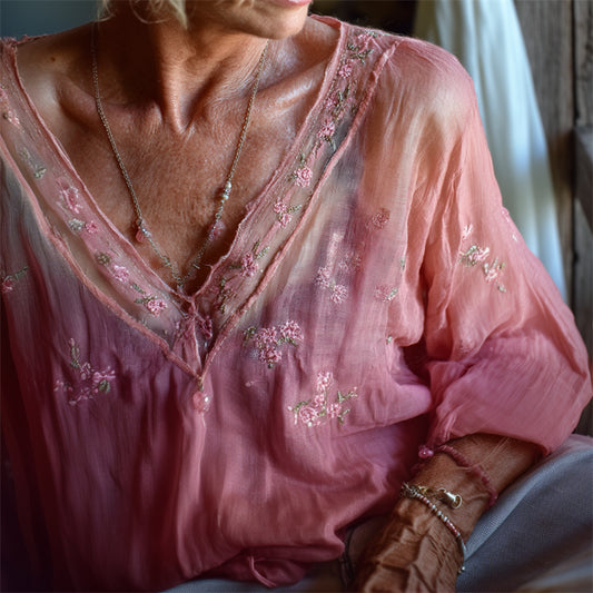 Vintage Pink Floral Embroidered Flowy Gradient Linen Tunic elevenforest