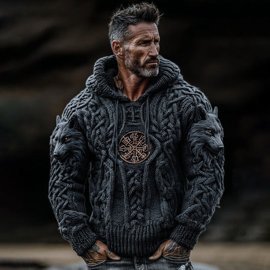 Men's Viking Vegvisir Wolf Celtic Jacquard Knitted Hooded Sweater elevenforest