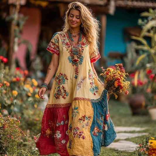 Women's Ethnic Floral Patchwork Linen Short-sleeved Dress elevenforest