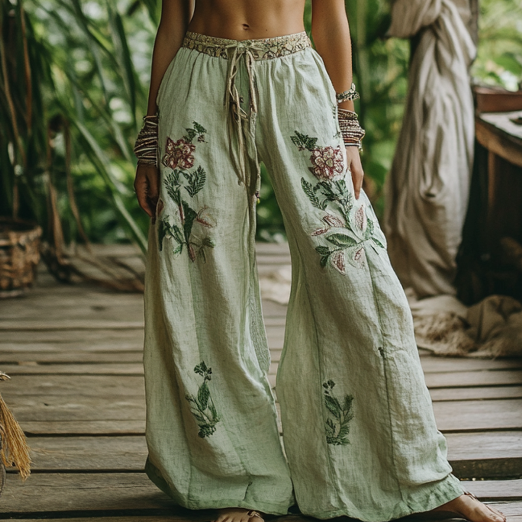 Vintage Bohemian Floral Art Printed Cotton Linen Wide Leg Pants elevenforest