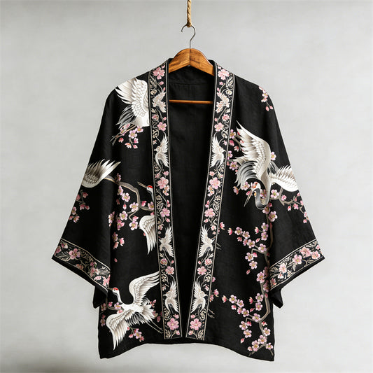 Japanese Cranes & Cherry Blossom Linen Kimono elevenforest