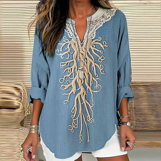 Women's Vintage Viking Tree Of Life Lace Art V-neck Shirt elevenforest