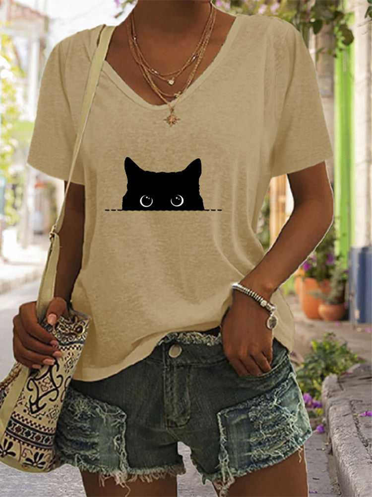 Women's Casual Black Cat Print T-shirt elevenforest