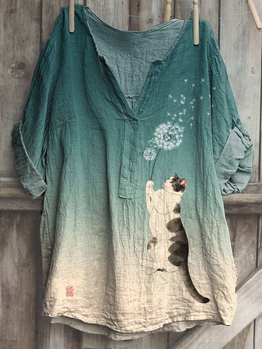 Funny Cat & Dandelion Print Cozy Cotton Linen Shirt elevenforest