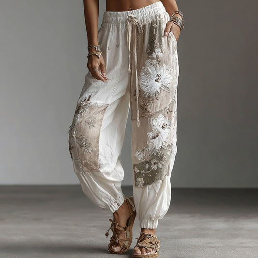 Women's Retro Floral Patchwork Art Casual Pocket Pants elevenforest