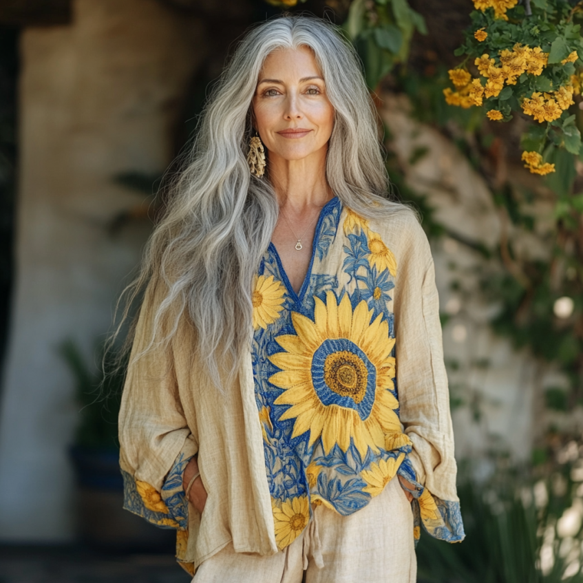Bohemian Sunflower Linen Floral Art Print Long Sleeve V-neck Shirt elevenforest