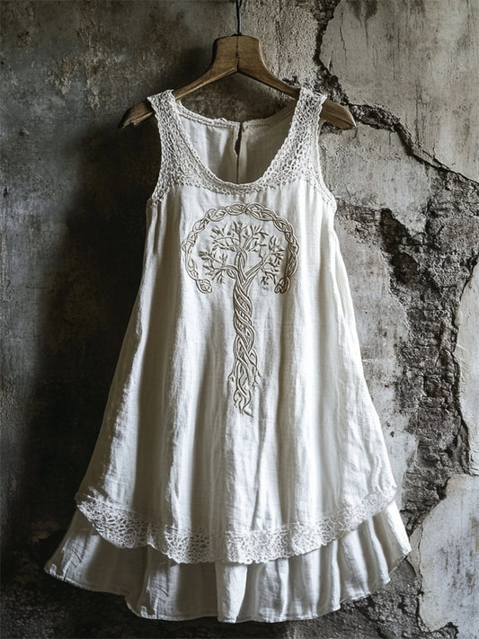 Boho Celtic Tree Of Life Lace Patchwork Layered Linen Dress elevenforest