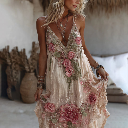 Women's Pink Flower Embroidery Art V-neck Suspender Maxi Dress elevenforest
