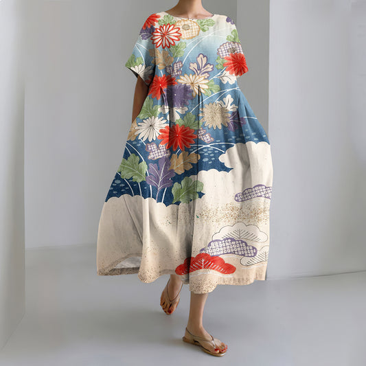 Comstylish Women's Japanese Floral Art Print Linen Dress