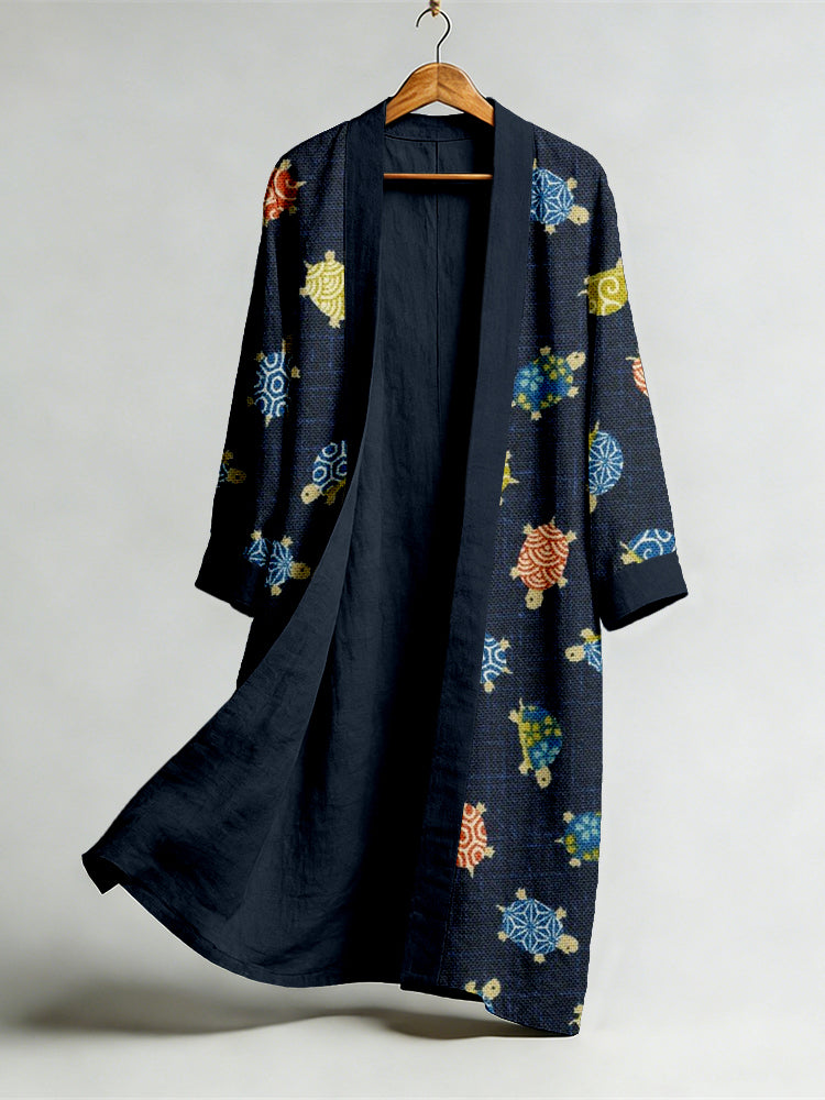 Comstylish Vintage Japanese Turtle Art Flowy Linen Long Kimono