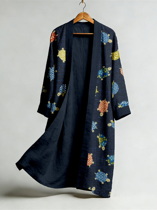 Comstylish Vintage Japanese Turtle Art Flowy Linen Long Kimono