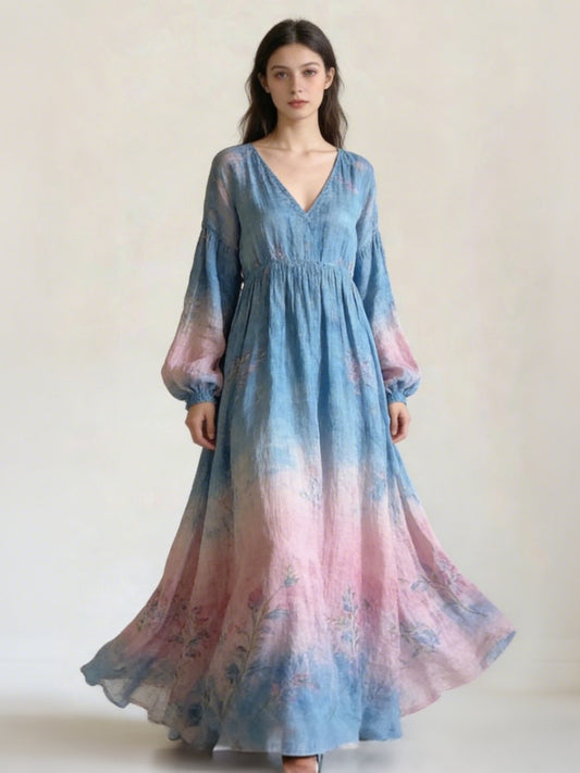 Vintage Boho Print V Neck Long Sleeve Flowy Maxi Dress elevenforest