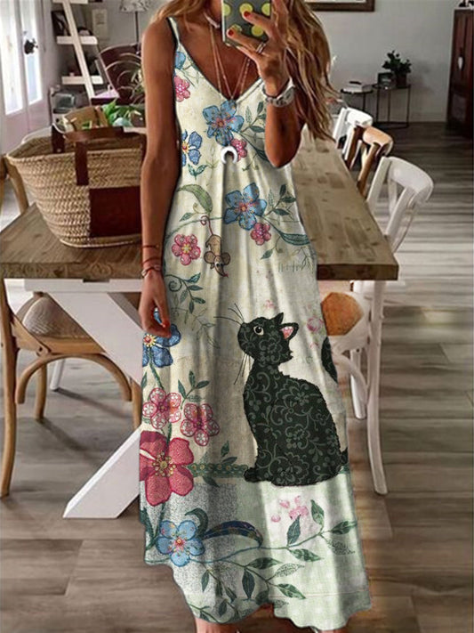 Cat in Nature Fiber Art V Neck Cami Maxi Dress elevenforest