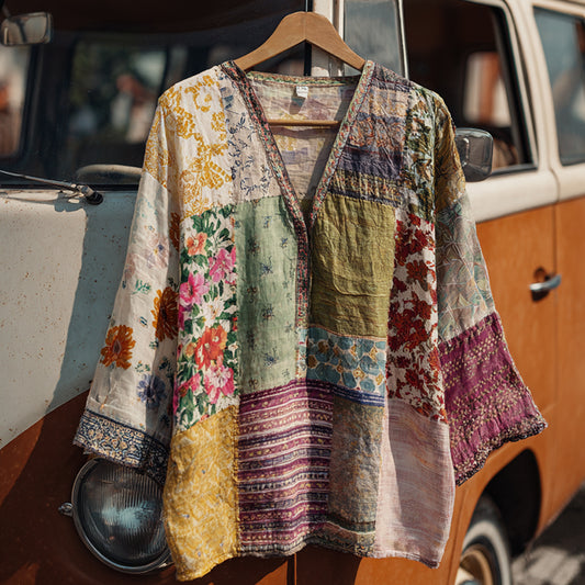 Countryside Style Collection Classy Patchwork Floral Pattern Art Linen Long Sleeve Tshirt elevenforest